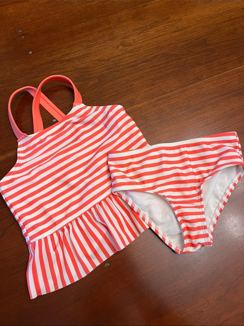 Cat & Jack Coral and White Striped Ruffle Tankini